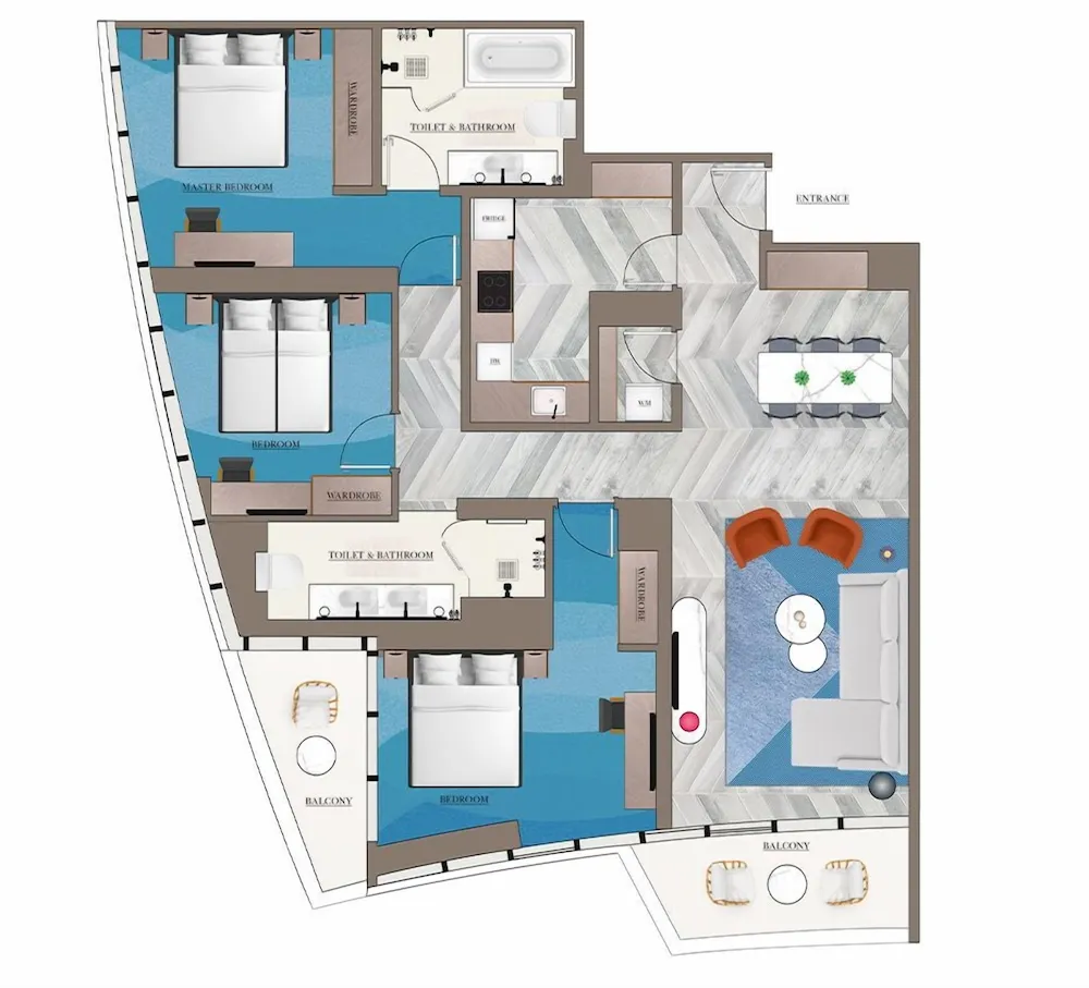 Oda, 3 Yatak Odası, Balkon, Marina Manzaralı (Residence)