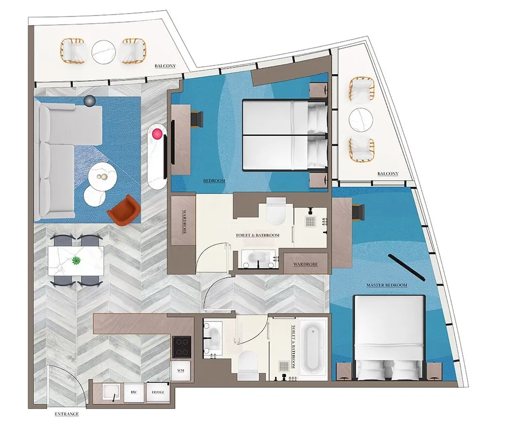 Oda, 2 Yatak Odası, Balkon (Residence, JBR View)